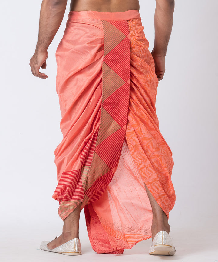 Orange dupion silk hand block printed dhoti