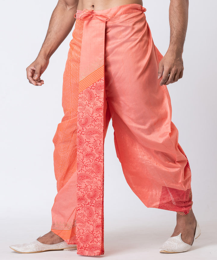 Orange dupion silk hand block printed dhoti