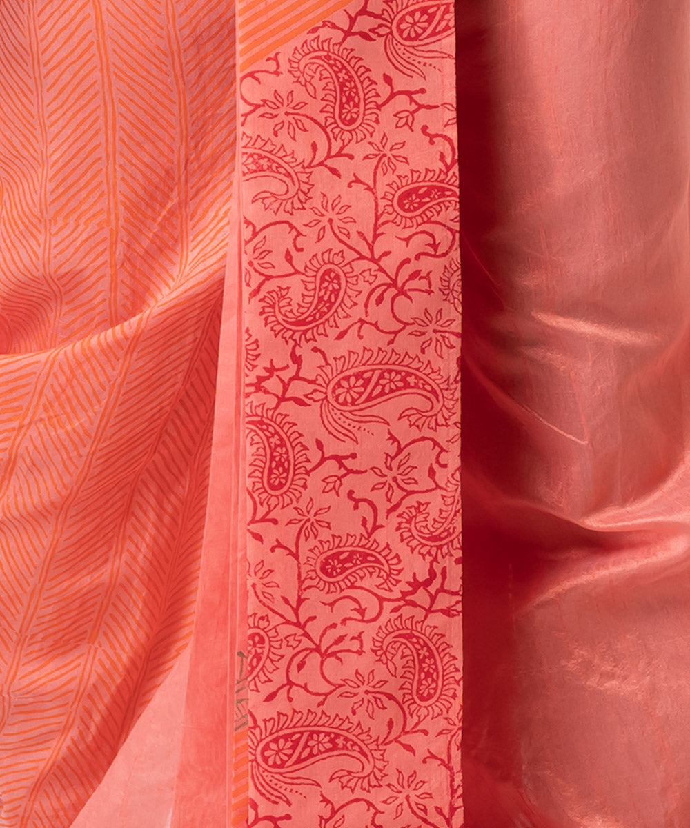 Orange dupion silk hand block printed dhoti