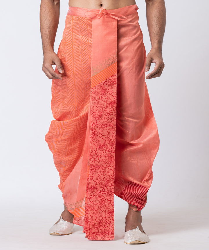 Orange dupion silk hand block printed dhoti