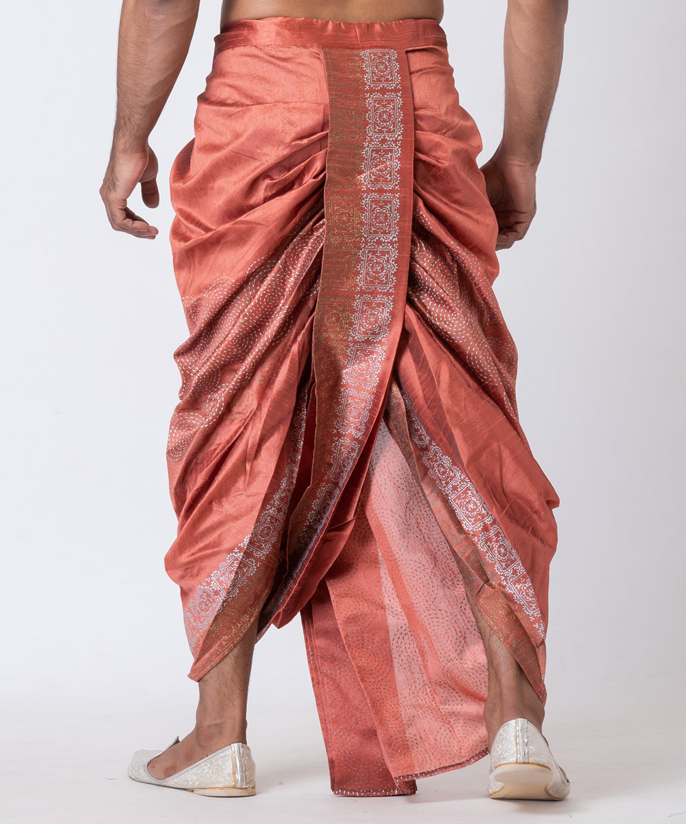 Peach hand block printed dupion silk dhoti