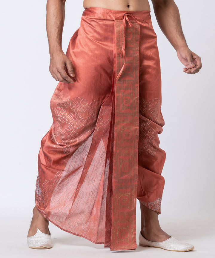 Peach hand block printed dupion silk dhoti