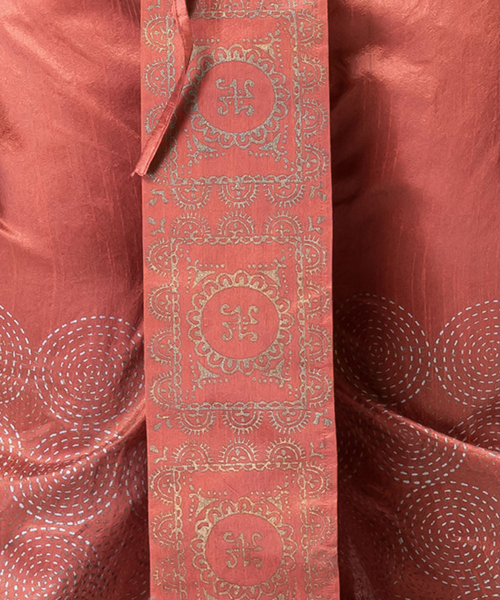 Peach hand block printed dupion silk dhoti