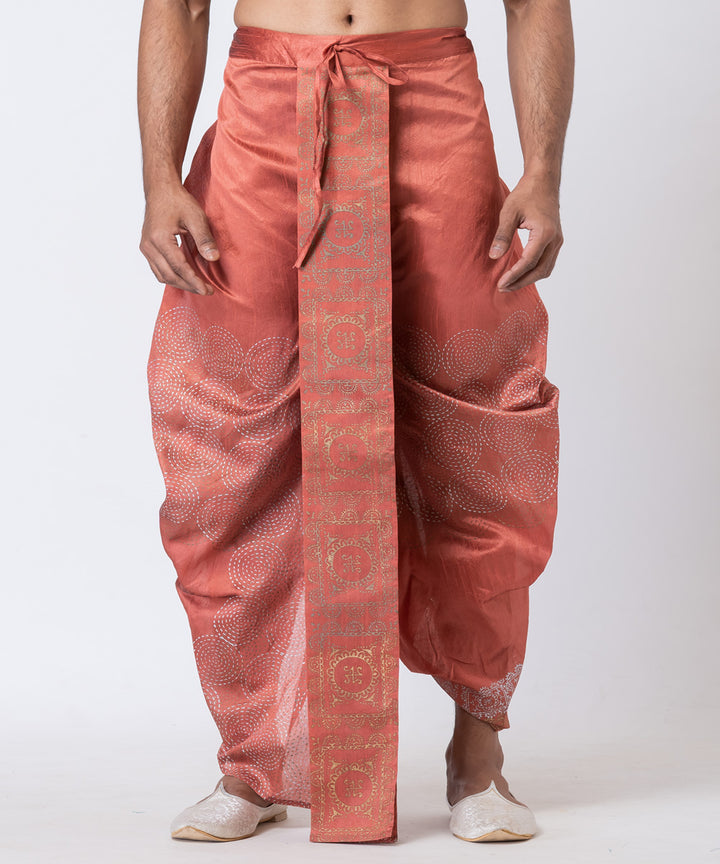 Peach hand block printed dupion silk dhoti