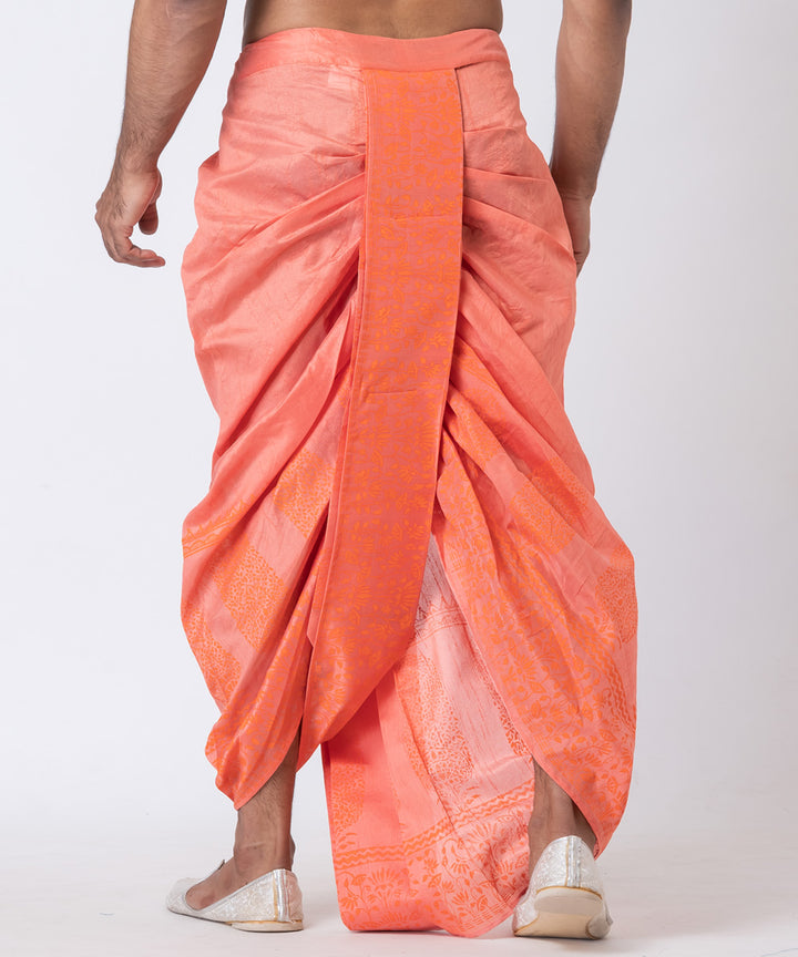 Orange hand block printed dupion silk dhoti