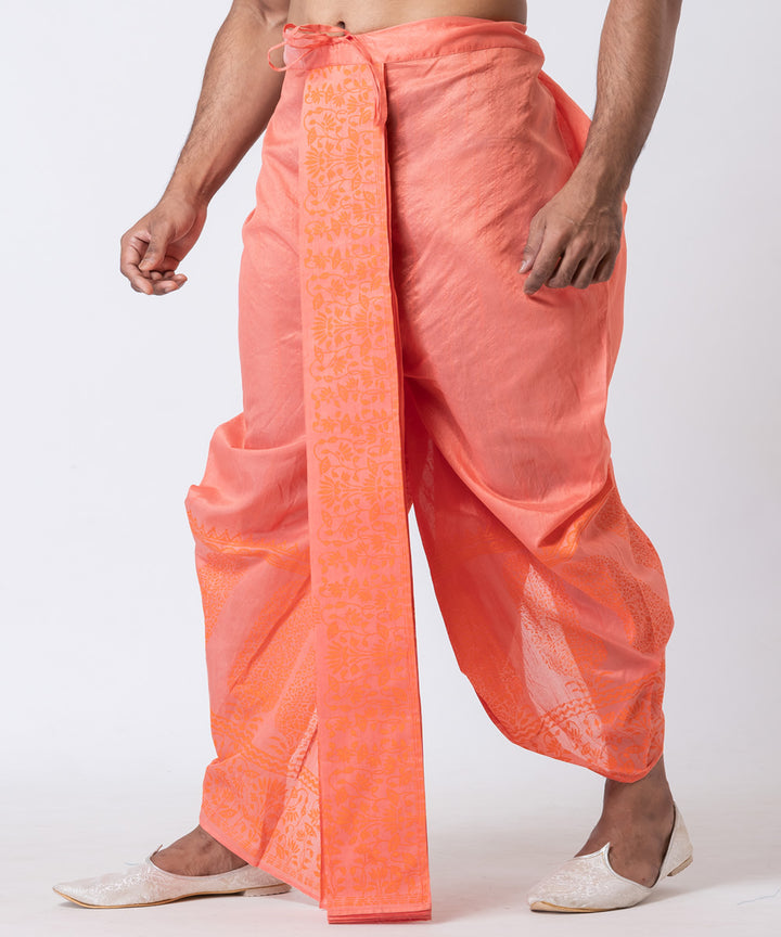 Orange hand block printed dupion silk dhoti