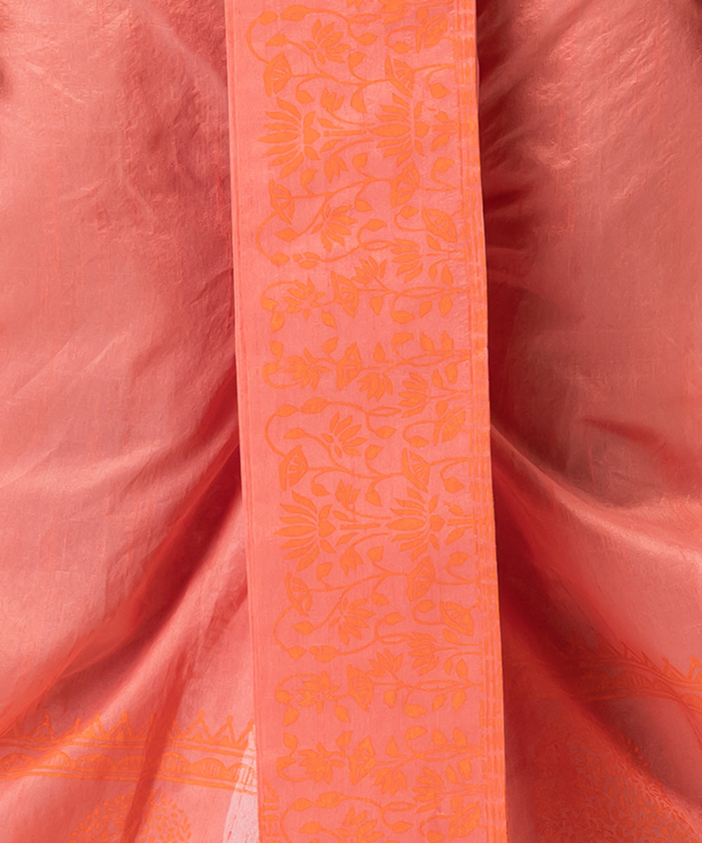 Orange hand block printed dupion silk dhoti