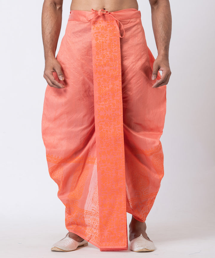 Orange hand block printed dupion silk dhoti