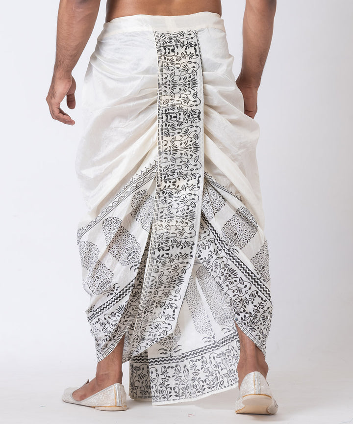 Off white hand block printed dupion silk dhoti