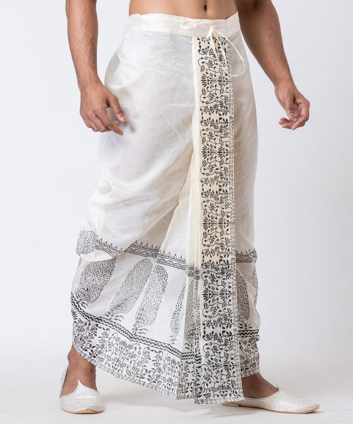 Off white hand block printed dupion silk dhoti