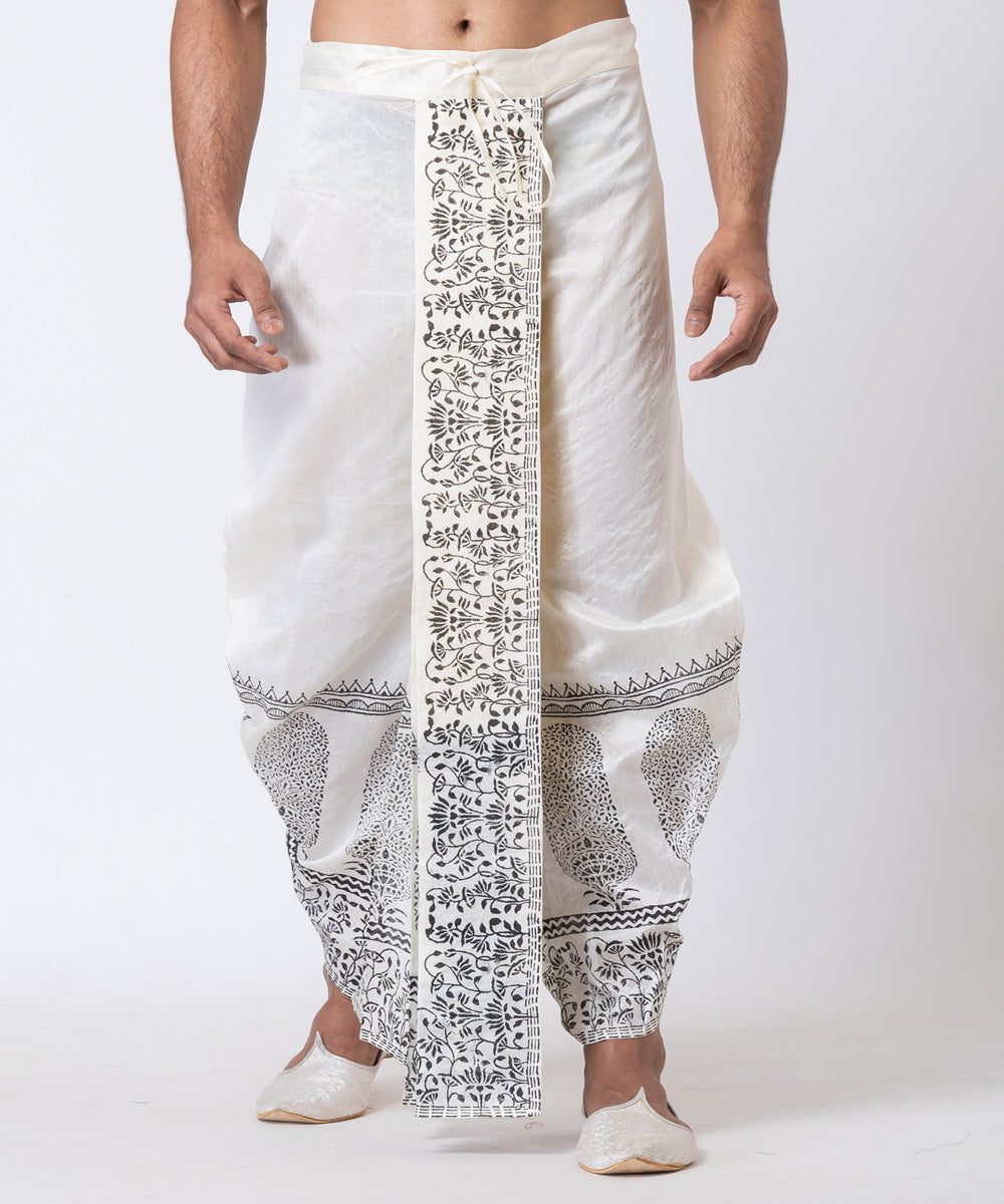 Off white hand block printed dupion silk dhoti