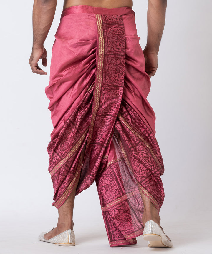 Wine red hand block printed dupion silk dhoti