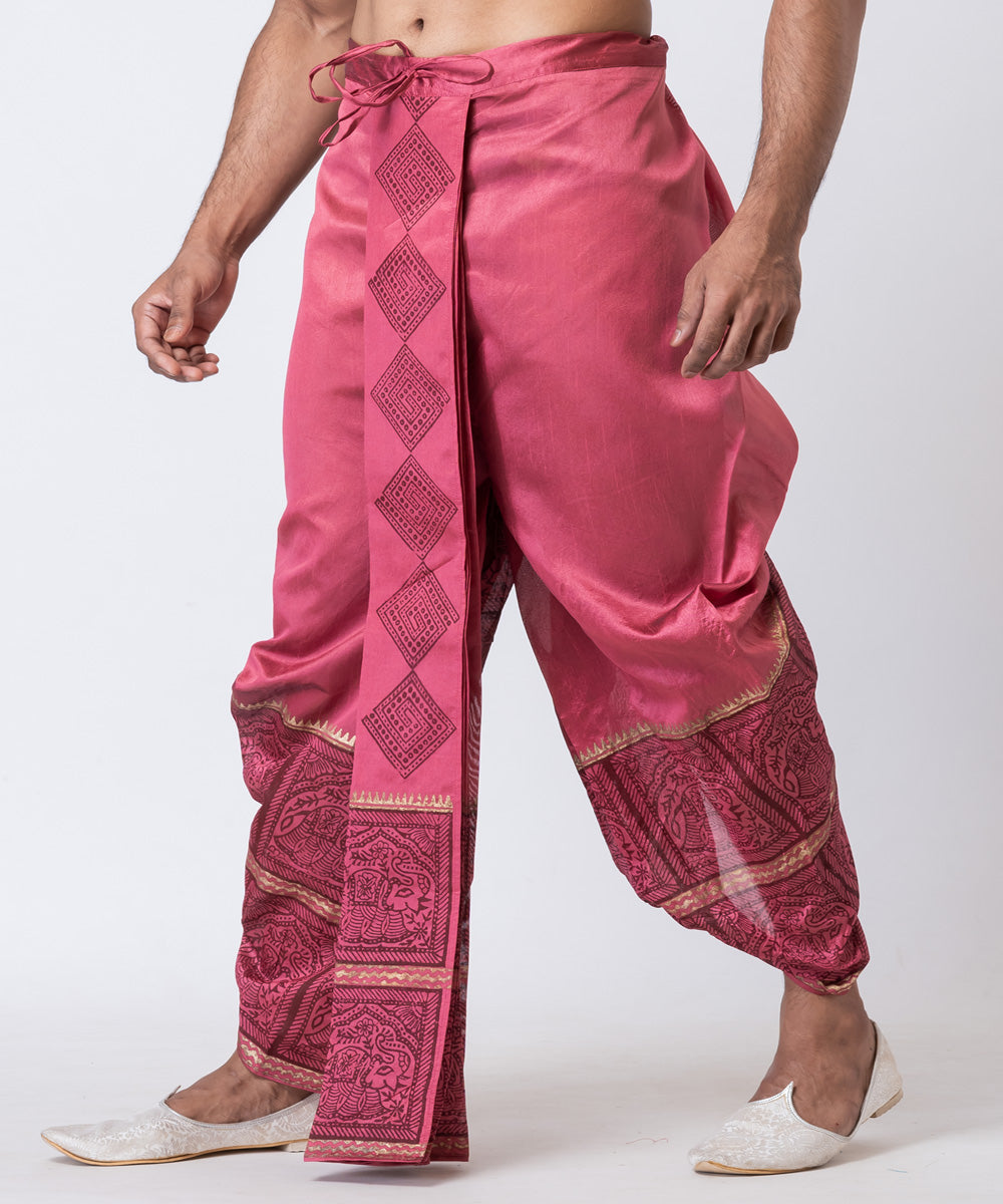 Wine red hand block printed dupion silk dhoti