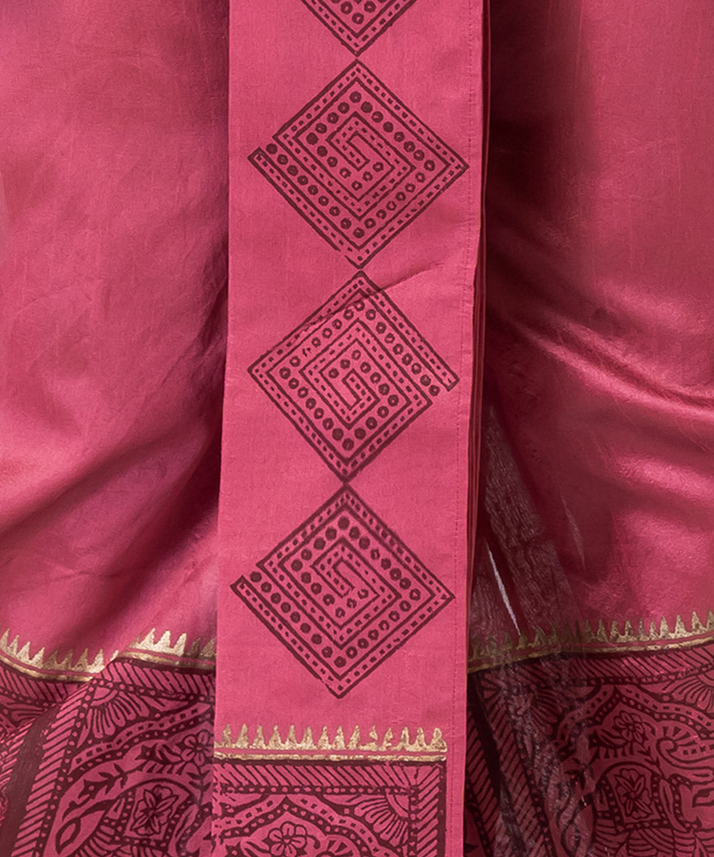 Wine red hand block printed dupion silk dhoti