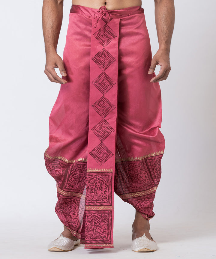 Wine red hand block printed dupion silk dhoti