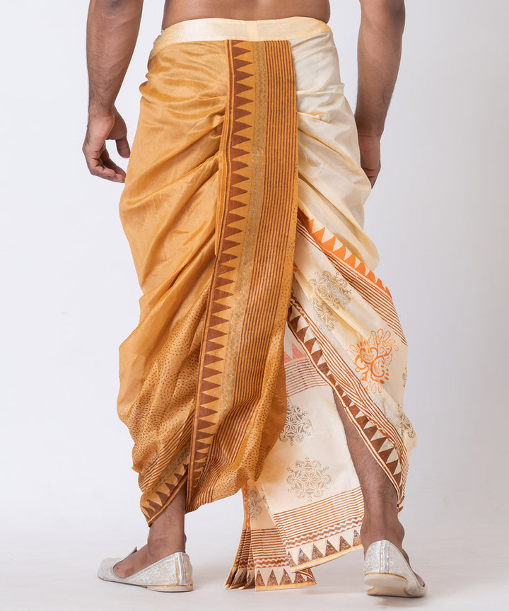 Beige brown hand block printed dupion silk dhoti