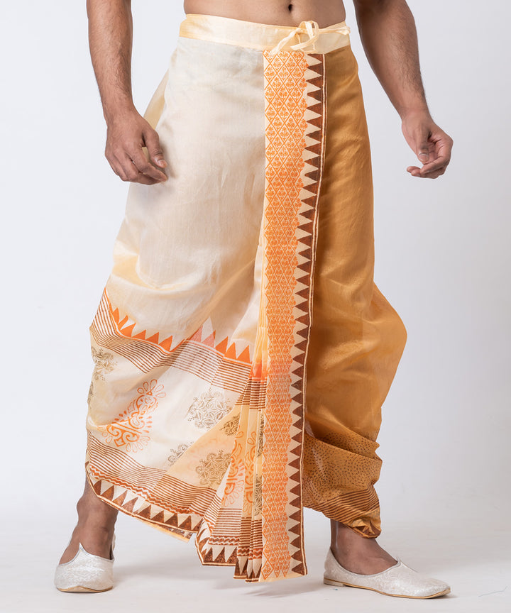 Beige brown hand block printed dupion silk dhoti