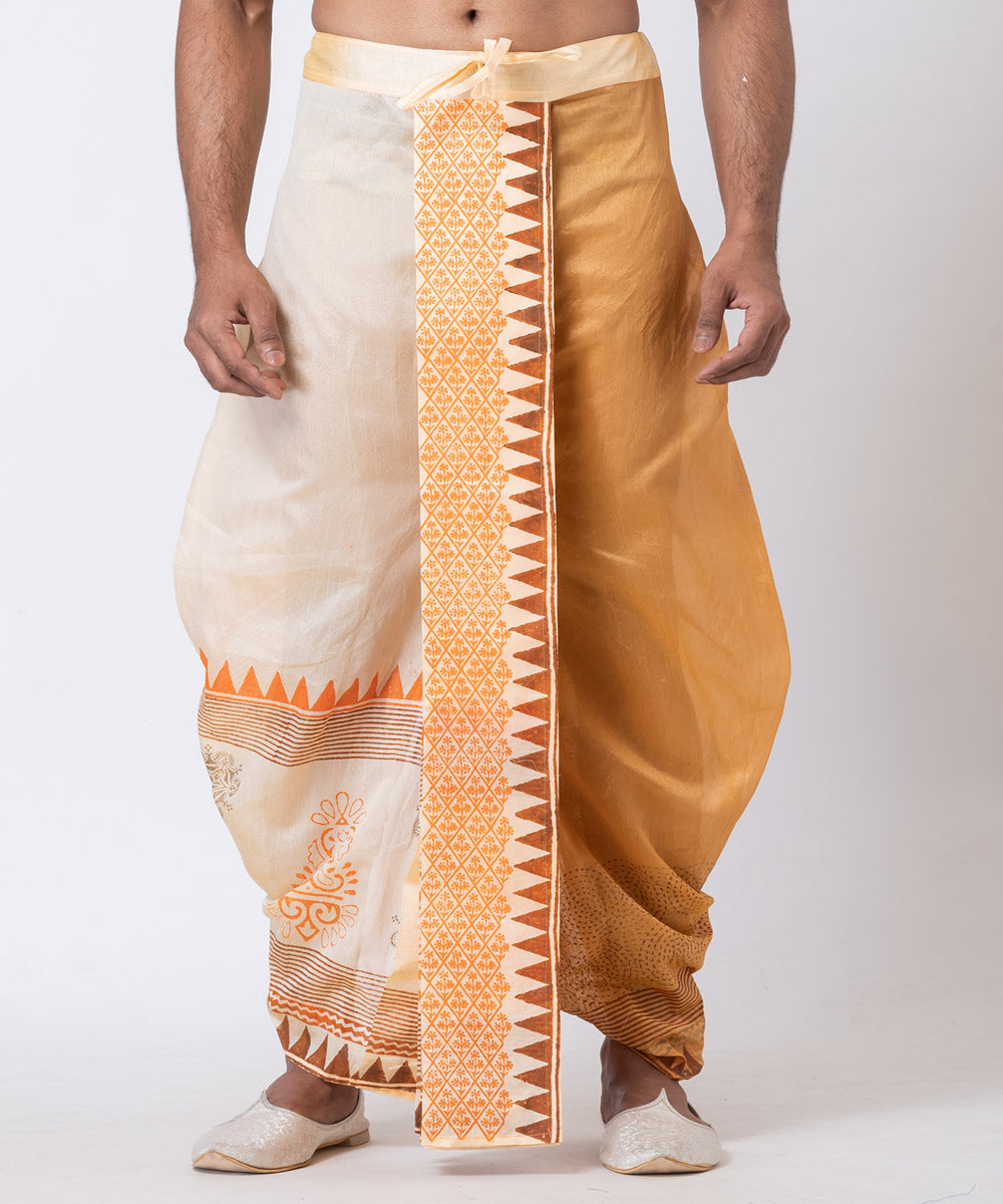 Beige brown hand block printed dupion silk dhoti