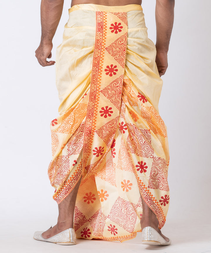 Yellow hand block printed dupion silk dhoti