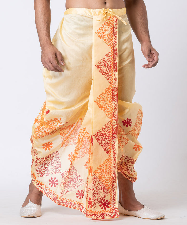 Yellow hand block printed dupion silk dhoti