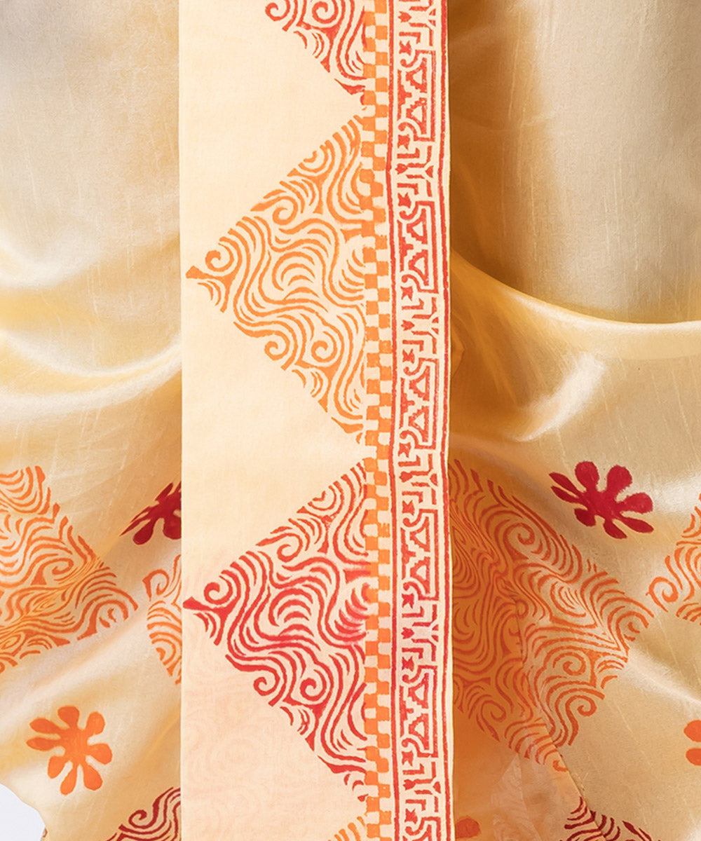 Yellow hand block printed dupion silk dhoti