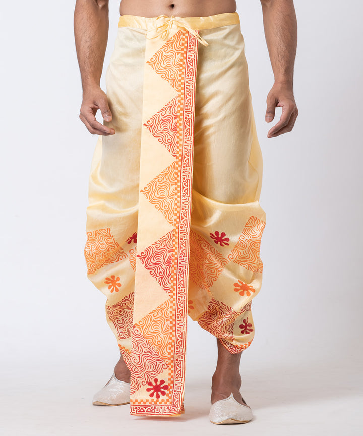 Yellow hand block printed dupion silk dhoti