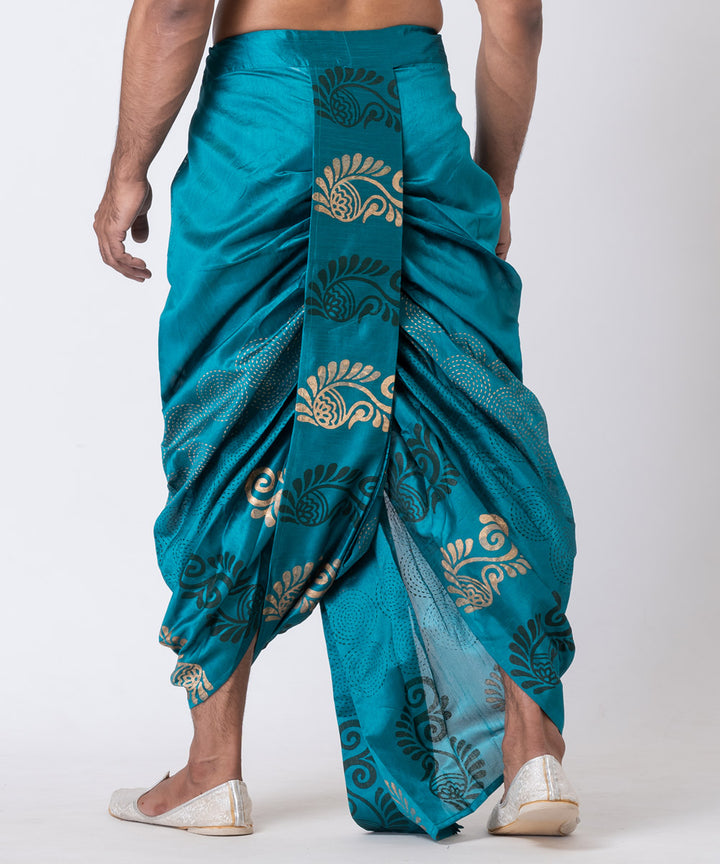 Torquise blue hand block printed dupion silk dhoti