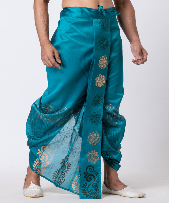 Torquise blue hand block printed dupion silk dhoti