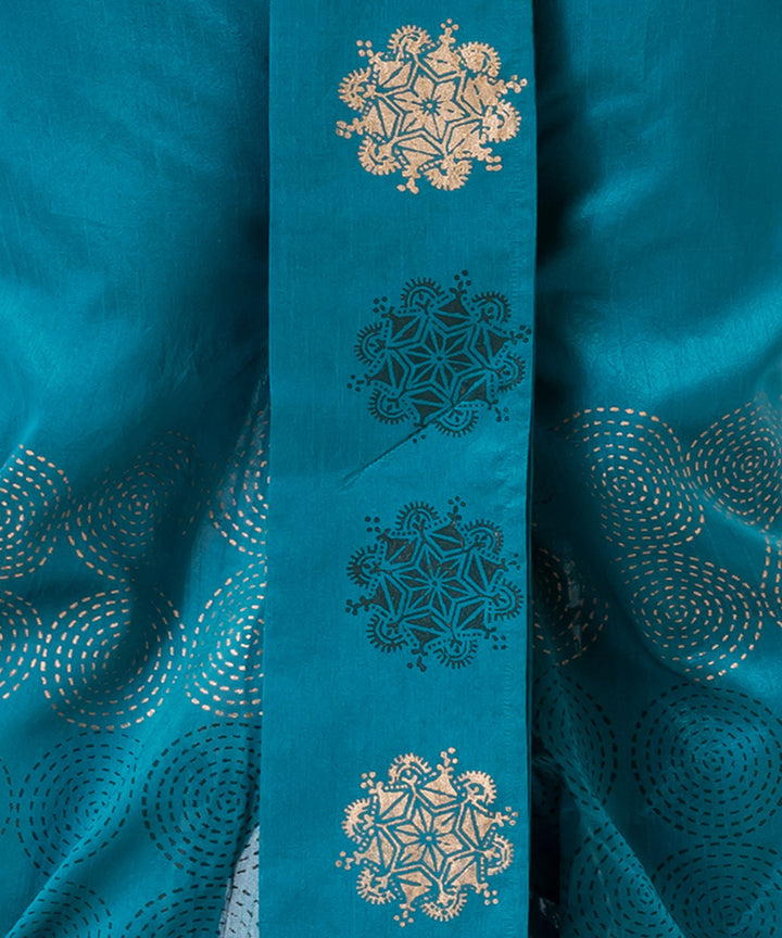 Torquise blue hand block printed dupion silk dhoti