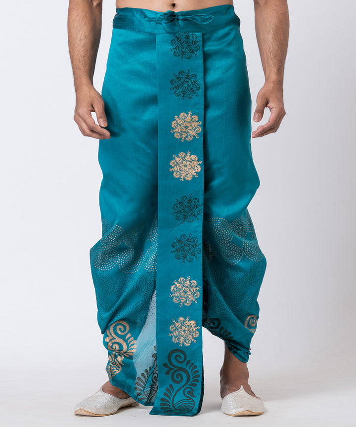 Torquise blue hand block printed dupion silk dhoti