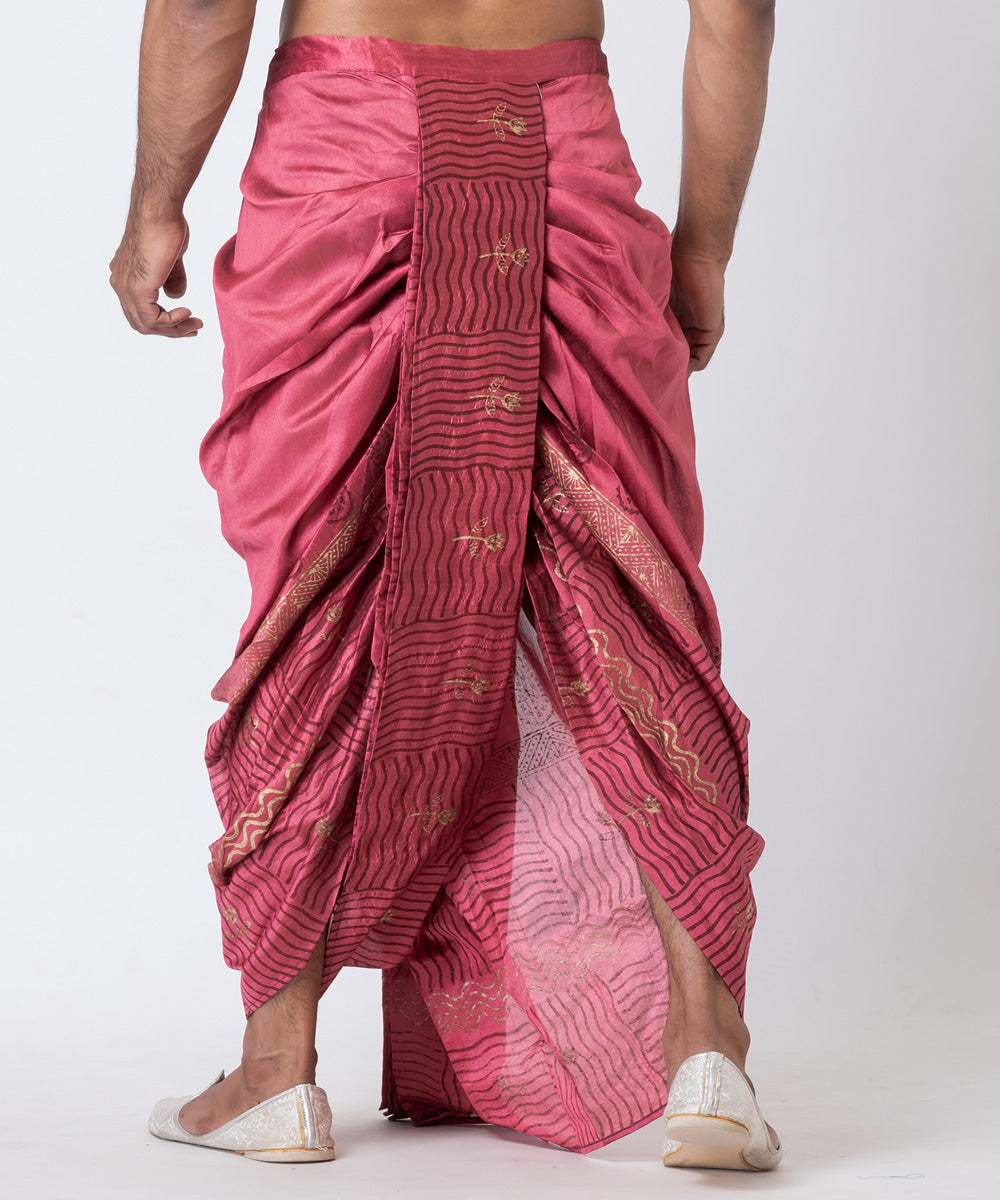 Wine red dupion silk hand block printed dhoti