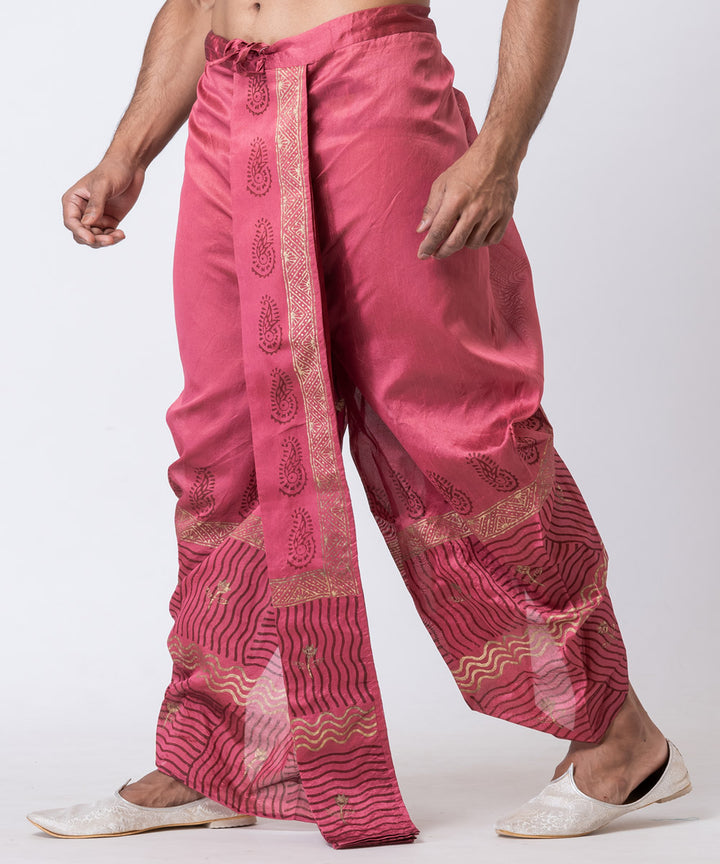 Wine red dupion silk hand block printed dhoti