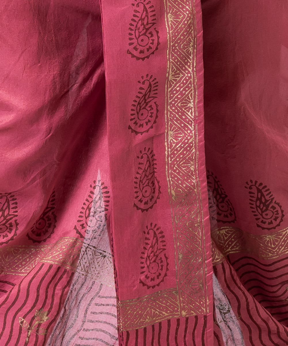 Wine red dupion silk hand block printed dhoti