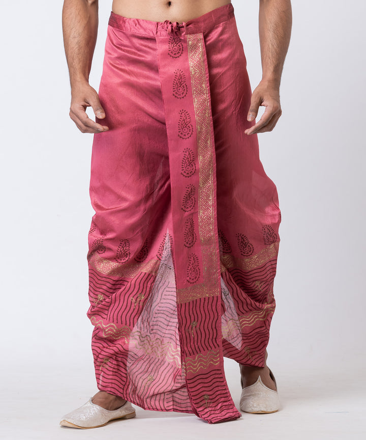 Wine red dupion silk hand block printed dhoti