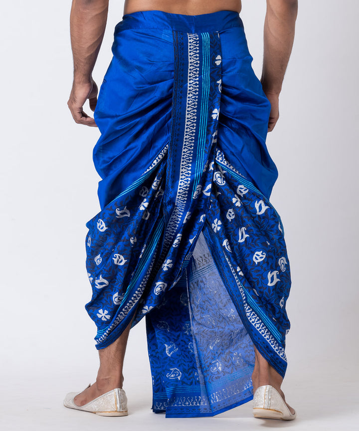 Royal blue hand block printed dupion silk dhoti