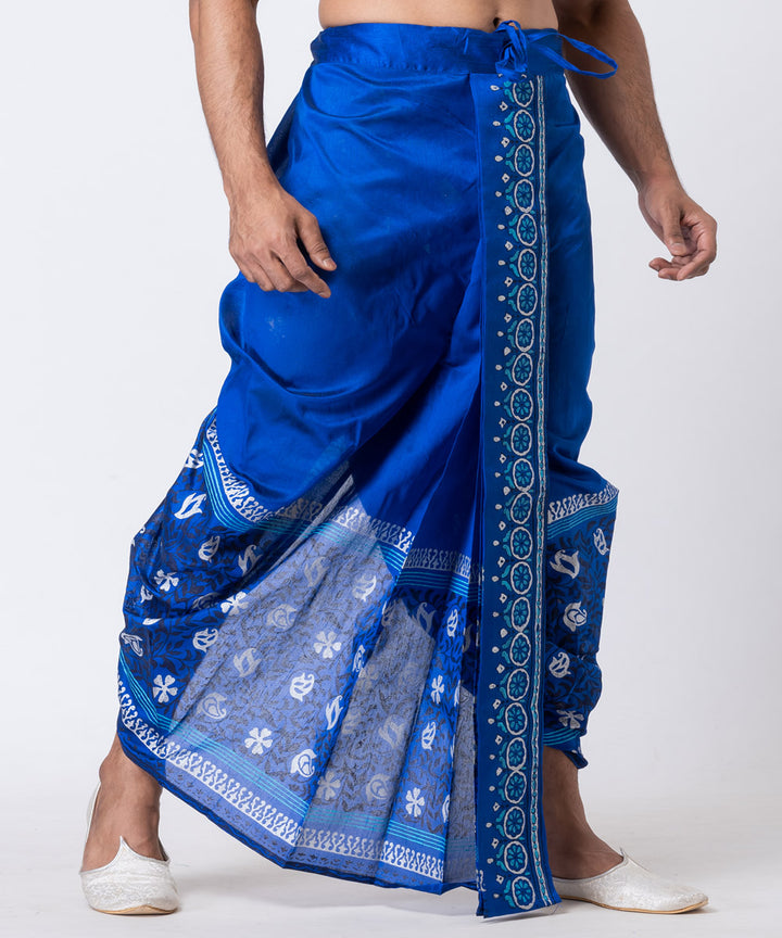 Royal blue hand block printed dupion silk dhoti