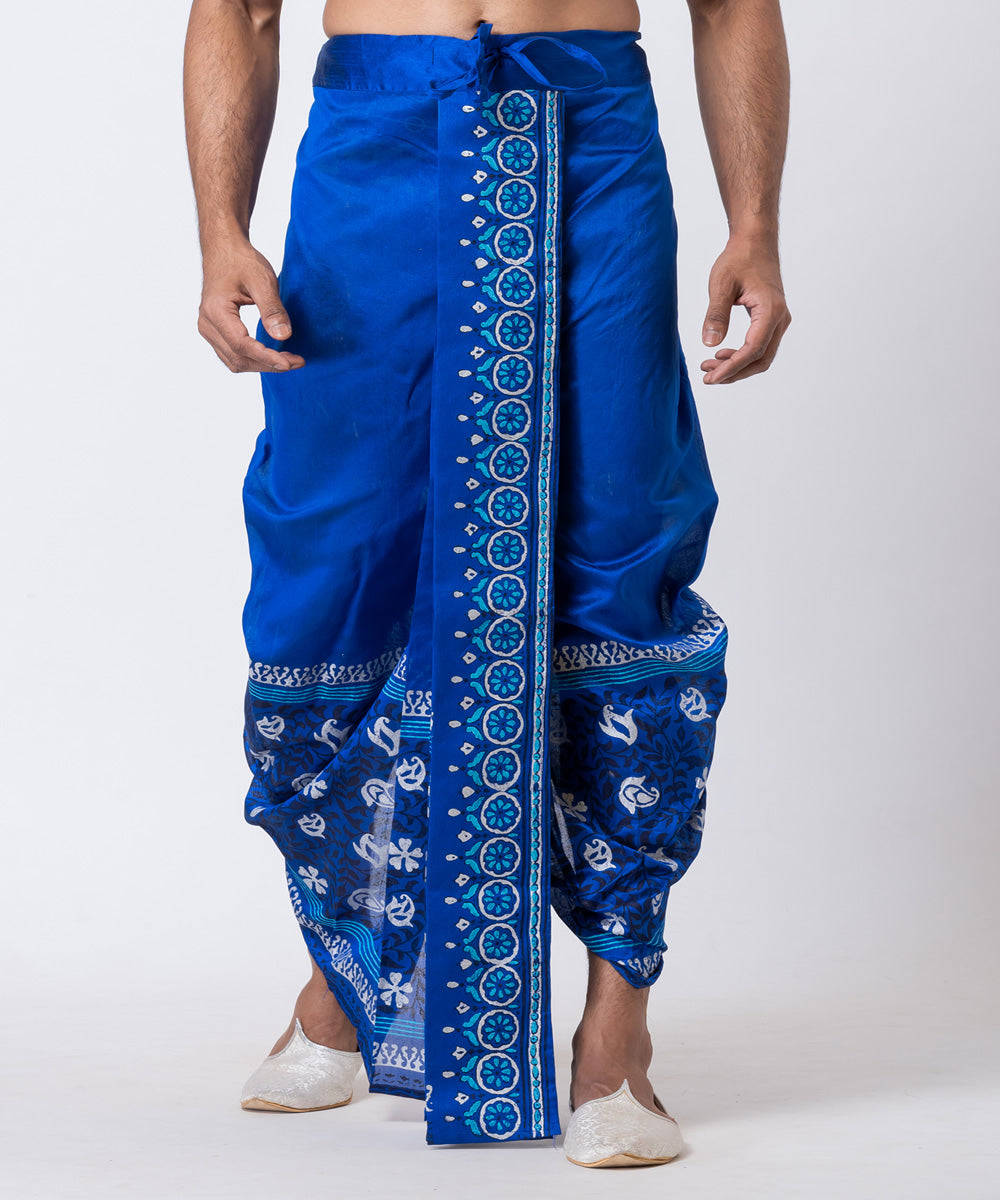 Royal blue hand block printed dupion silk dhoti