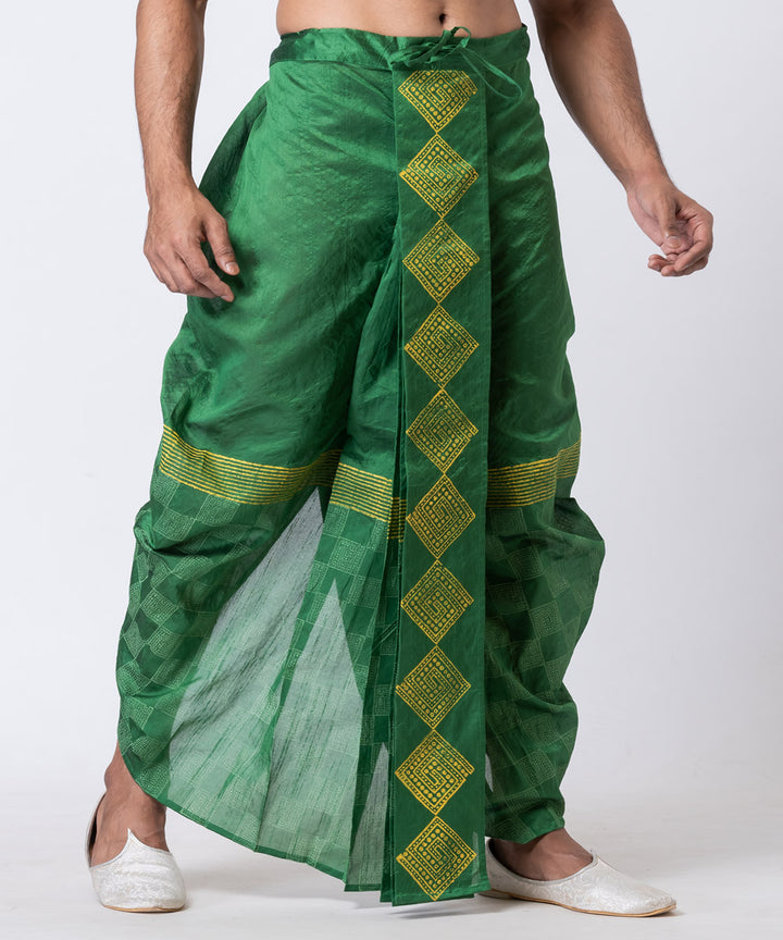 Light green hand block printed dupion silk dhoti