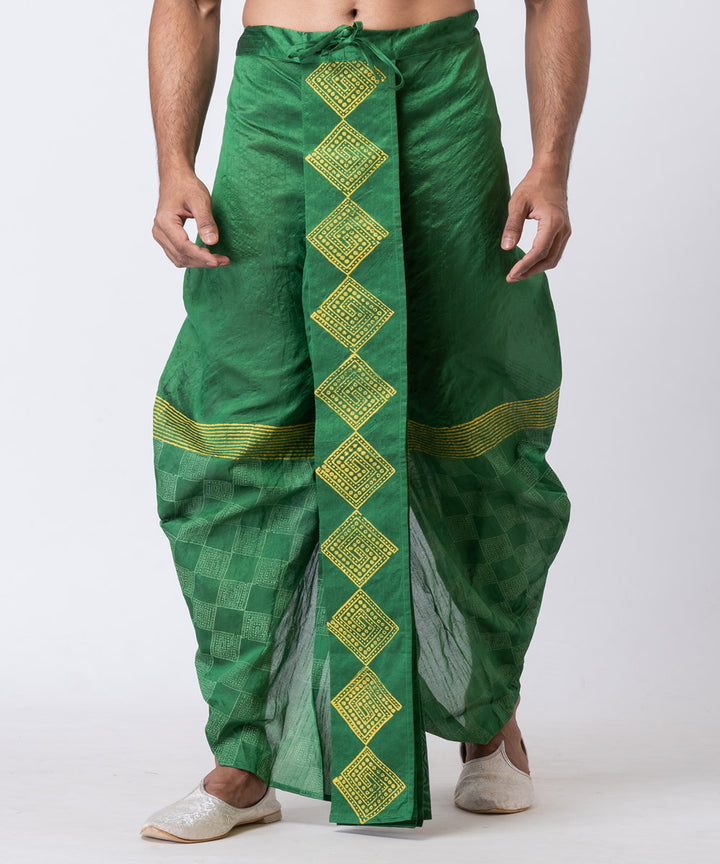 Light green hand block printed dupion silk dhoti