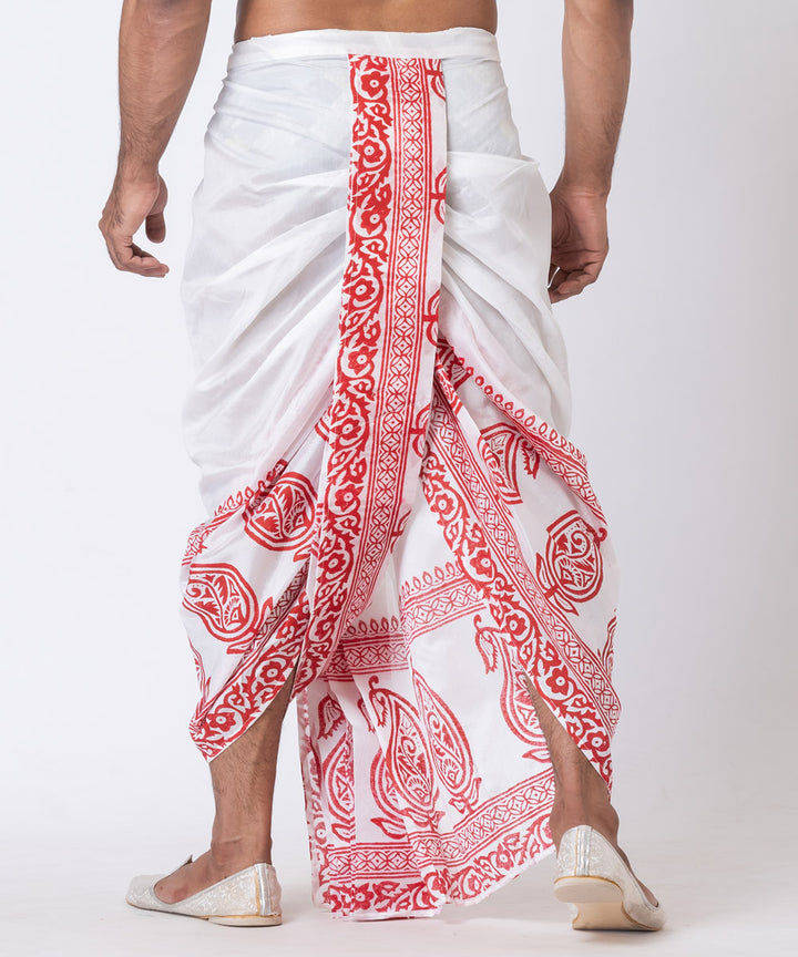 White red hand block printed dupion silk dhoti