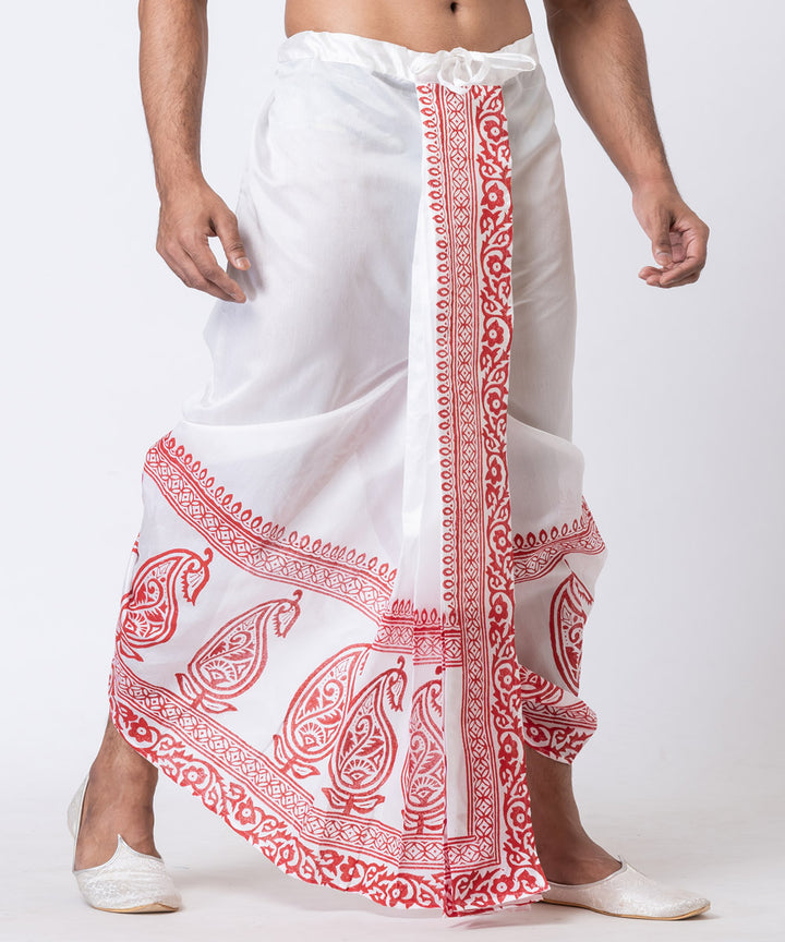 White red hand block printed dupion silk dhoti