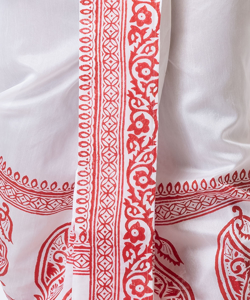 White red hand block printed dupion silk dhoti