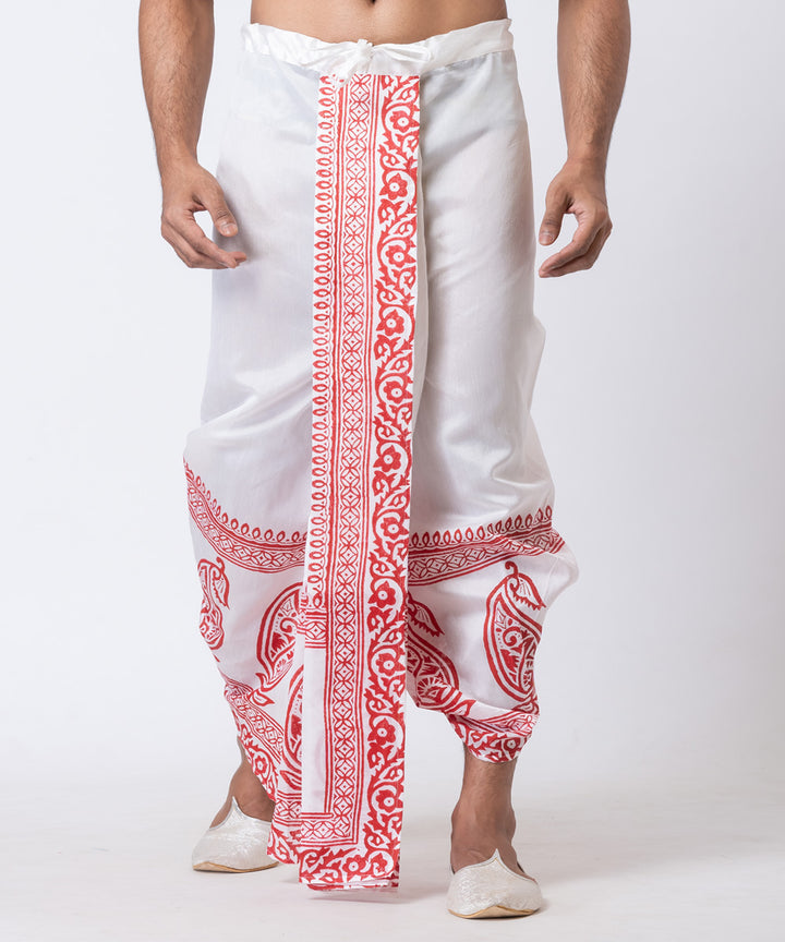 White red hand block printed dupion silk dhoti