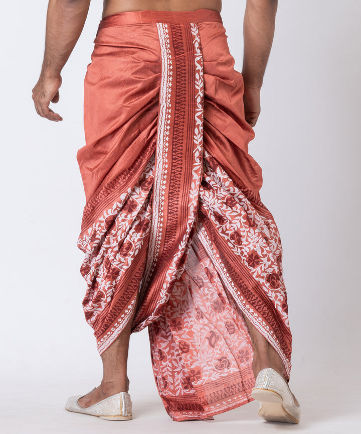 Peach dupion silk hand block printed dhoti