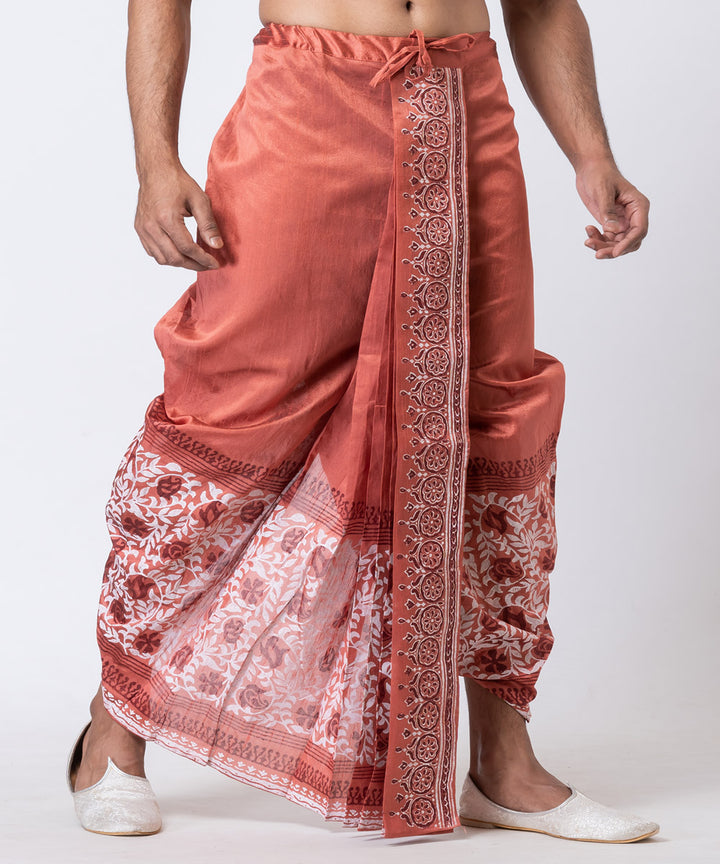 Peach dupion silk hand block printed dhoti