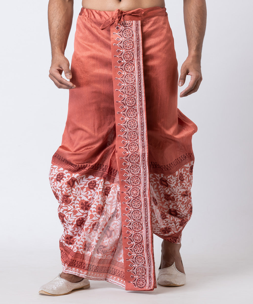 Peach dupion silk hand block printed dhoti