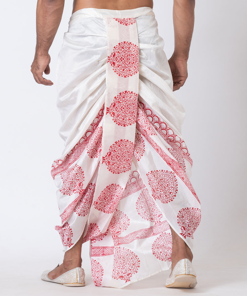 White red dupion silk hand block printed dhoti