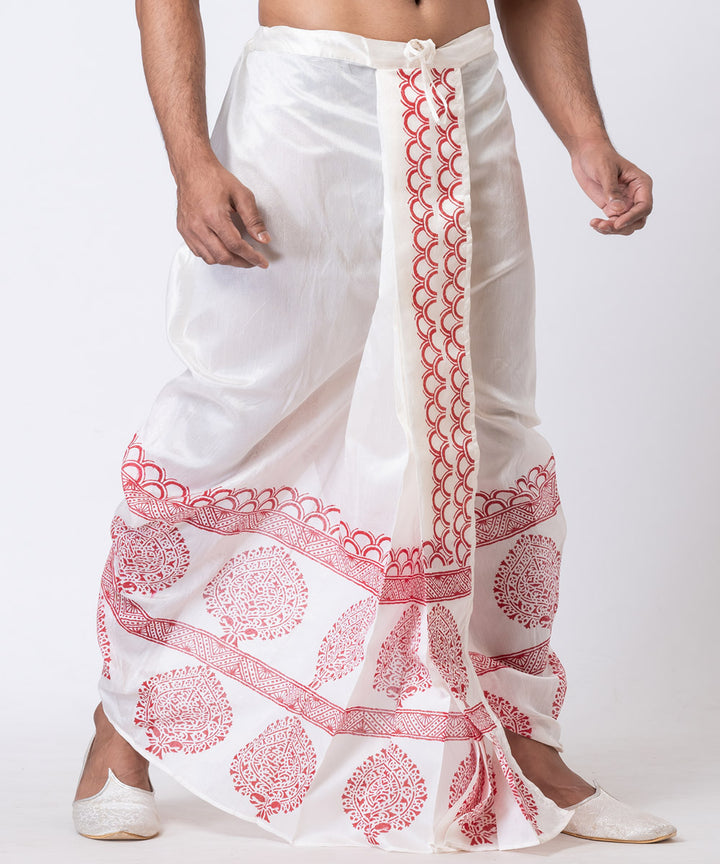 White red dupion silk hand block printed dhoti