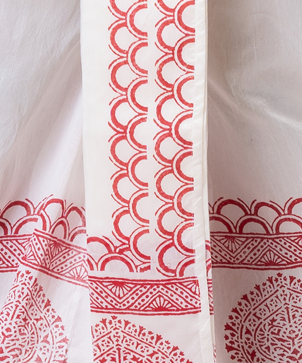 White red dupion silk hand block printed dhoti