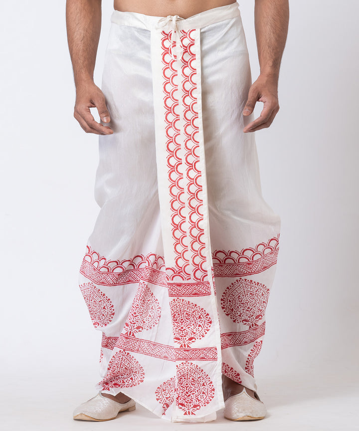 White red dupion silk hand block printed dhoti